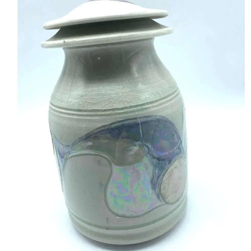 Blue, silver‎  & Red Ceramic Lidded Jar pottery, Modern Abstract design function